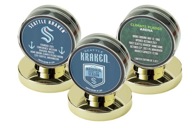 Seattle Kraken hockey pucks commemorate home opener